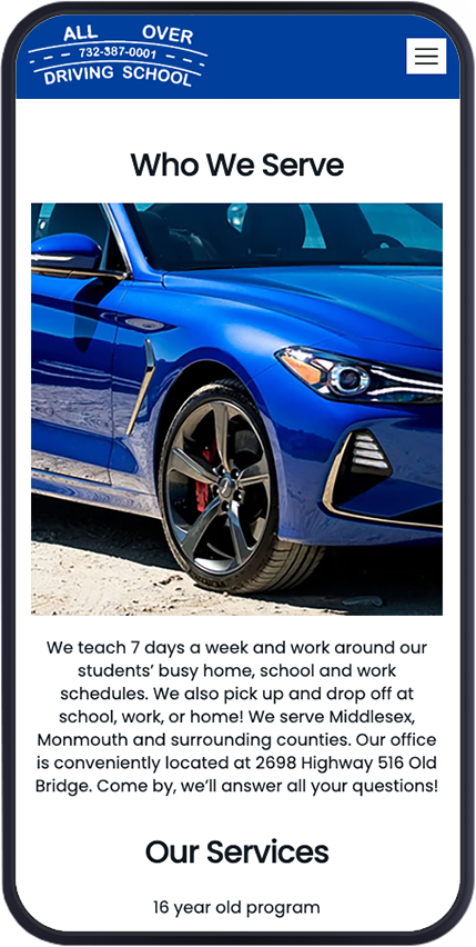 Allover driving school Portfolio (Mobile View)
